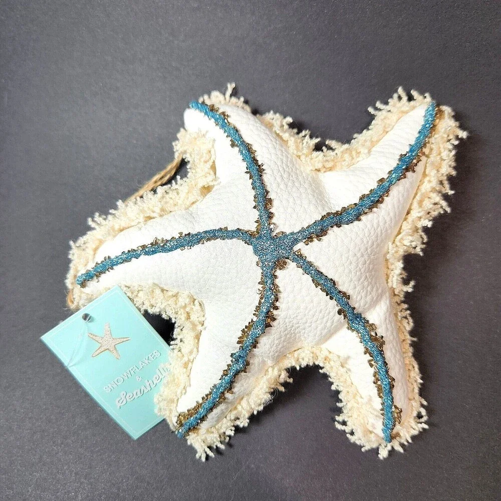 St Nicholas Square Starfish Ornament White Faux Leather Blue Glitter Fringed 6